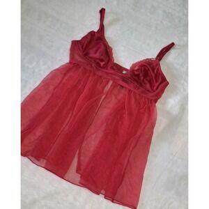 Victoria's Secret Womens Medium Red Sheer Lace Babydoll Lingerie Top Y2K